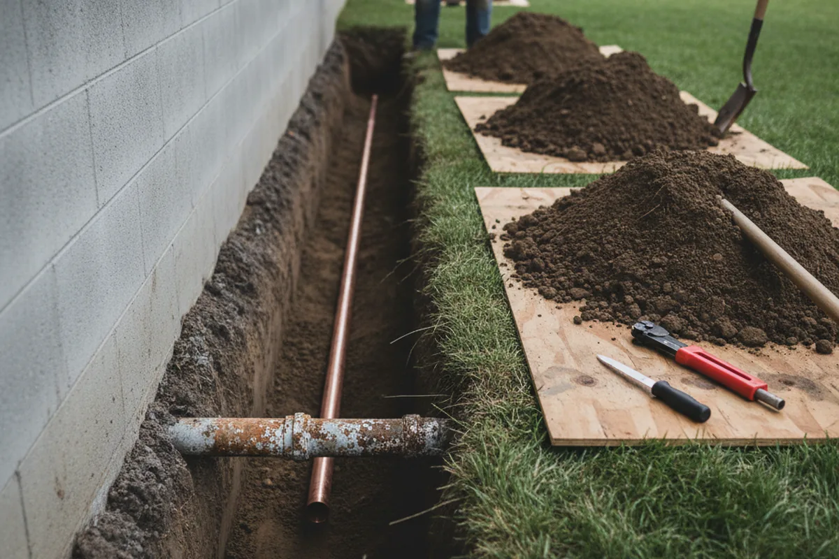 Excavated water line trench during Sewer Line Repair in Howe